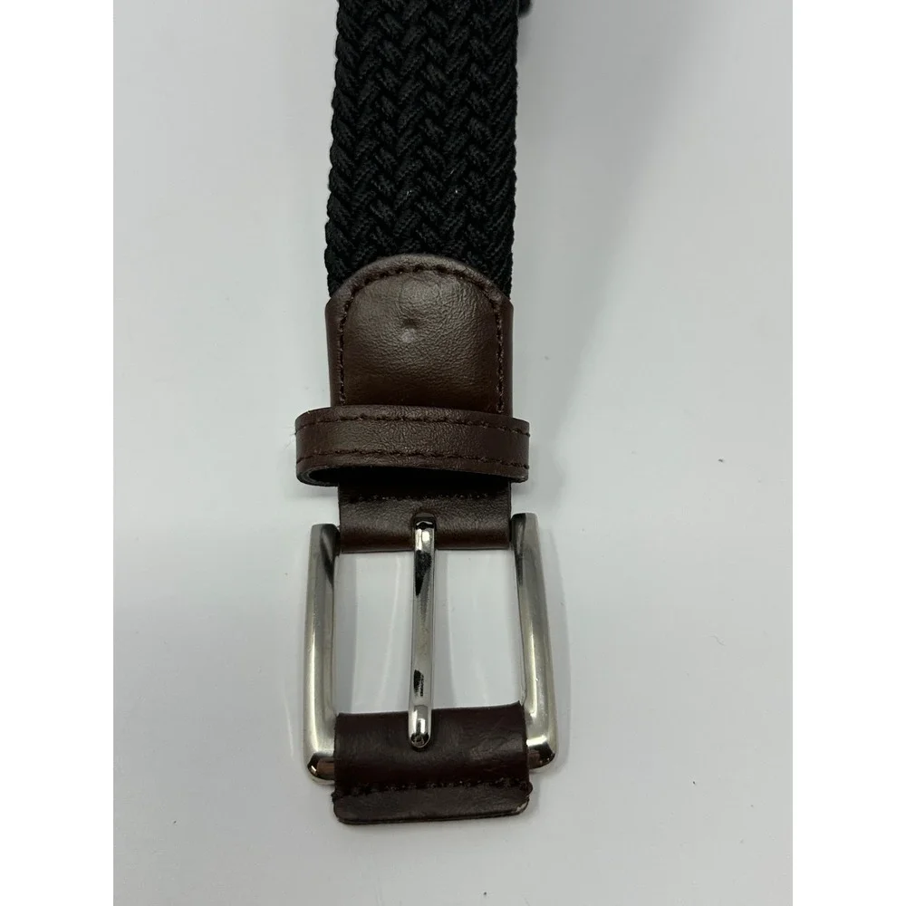 TORINO Italian Woven Elastic Belt Leather Tabs Black Sz 42 Made In USA V5